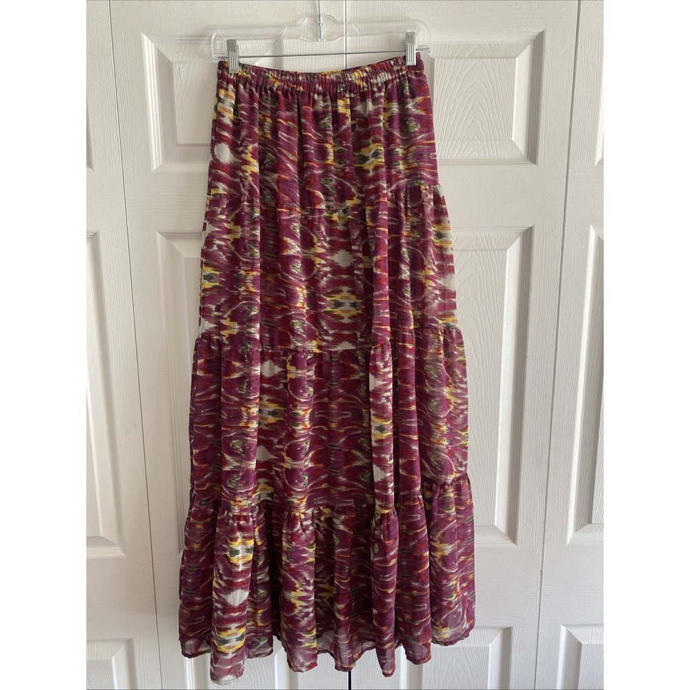 Her Destiny Ikat Tiered Maxi Skirt Womens Size S Plum Boho Chiffon Lined Elastic